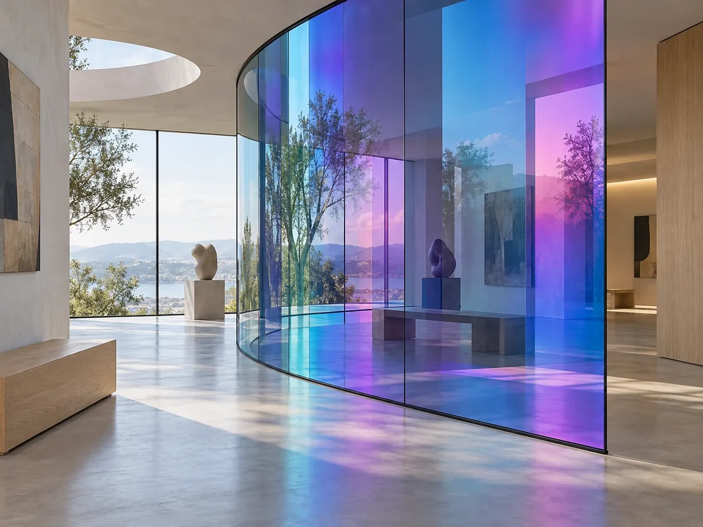 Film dichroïque bleu violet posé sur une cloison vitrée courbe dans une galerie contemporaine originale