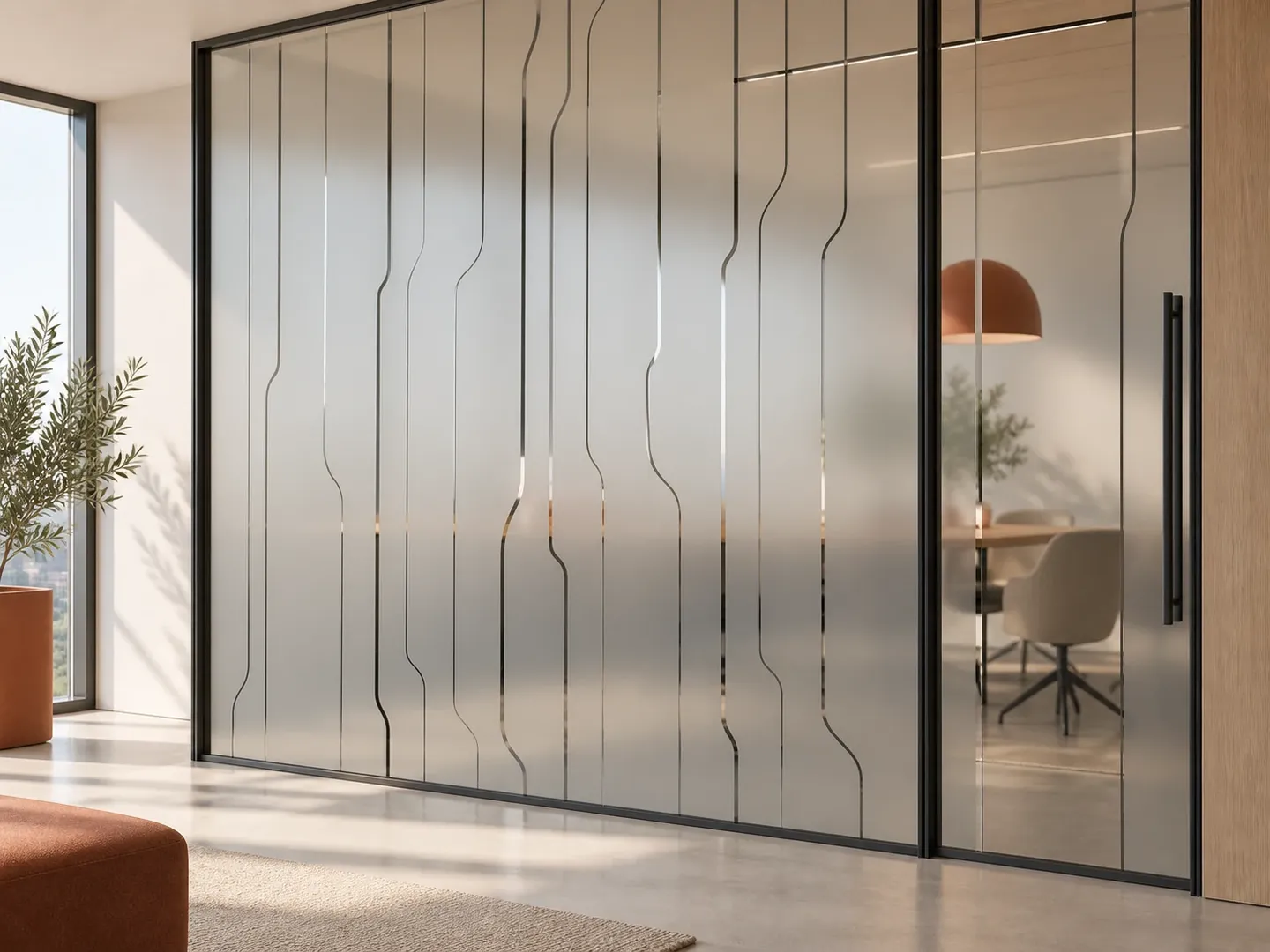 Film dépoli à lignes transparentes verticales posé sur une cloison vitrée de bureau contemporain