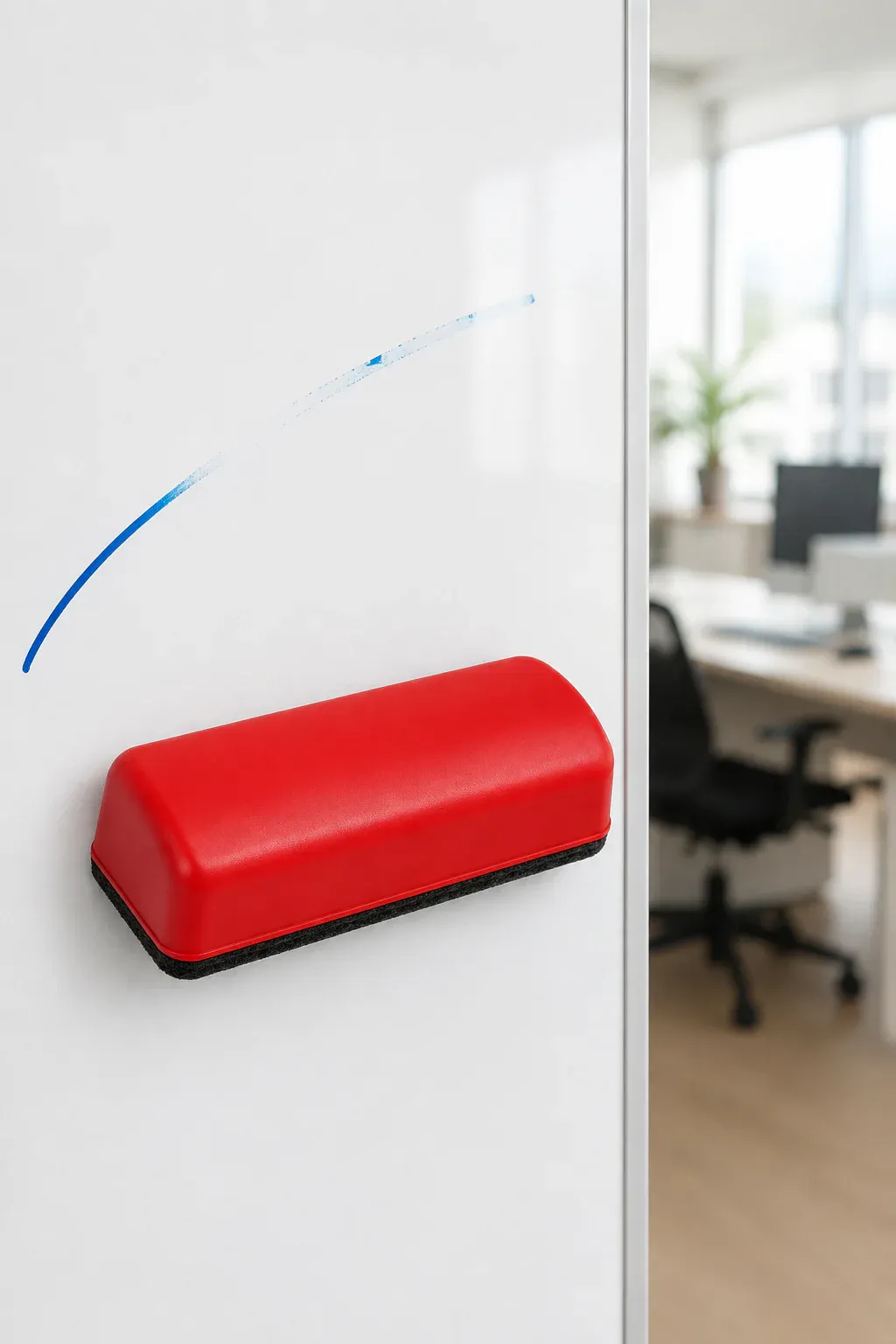Effaceur magnétique rouge à coque arrondie fixé sur un tableau blanc