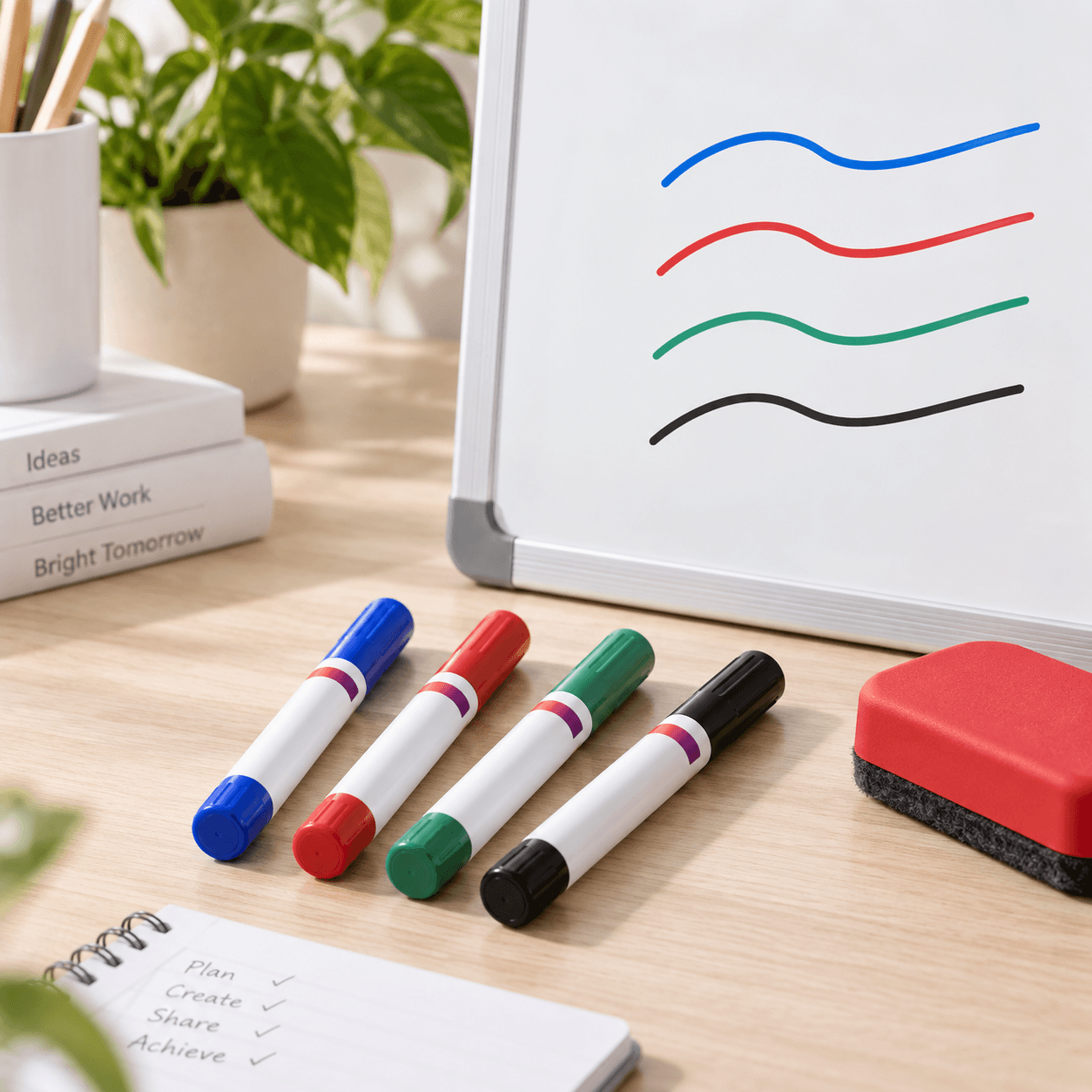 Quatre feutres effaçables Chrysalab bleu, rouge, vert et noir devant un tableau blanc