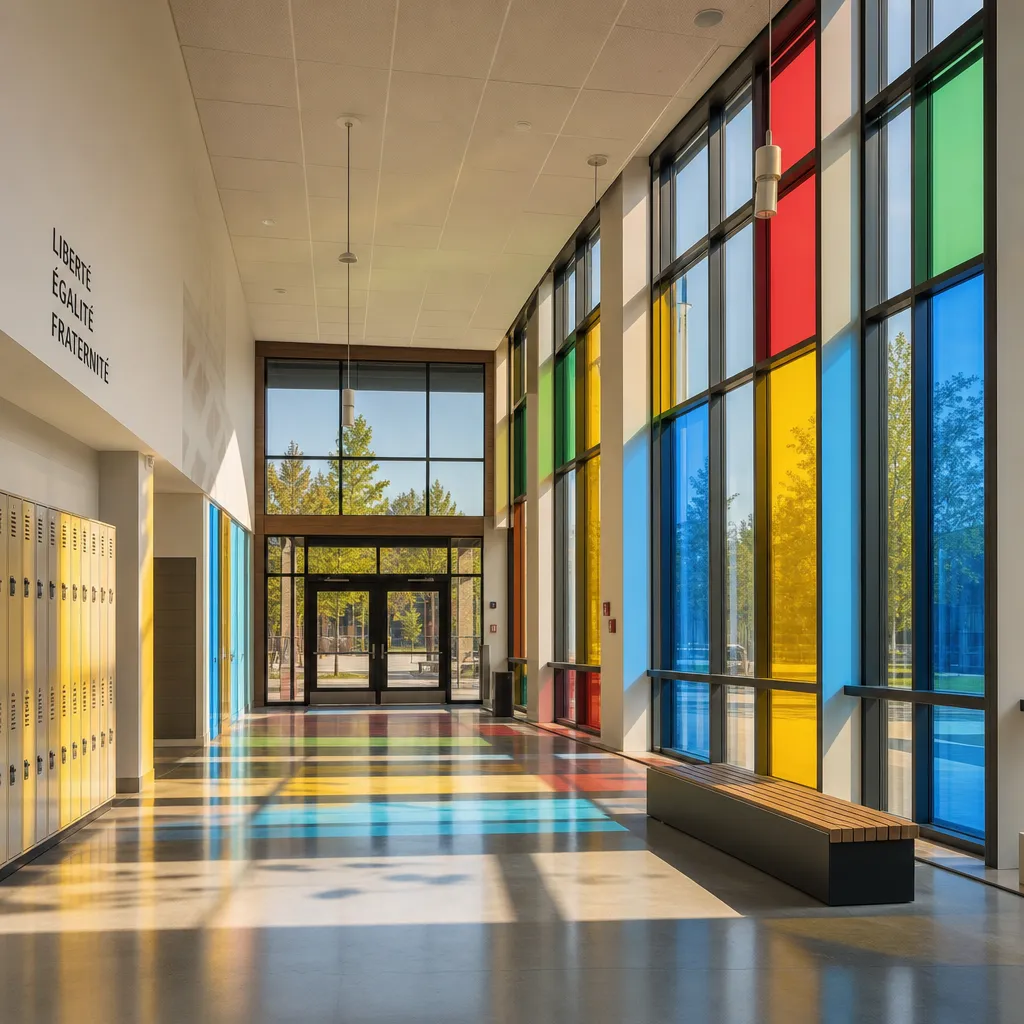 Un hall de collège habillé de couleurs
