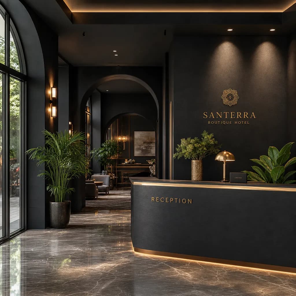 Hall et couloirs d'hôtel en noir mat texturé