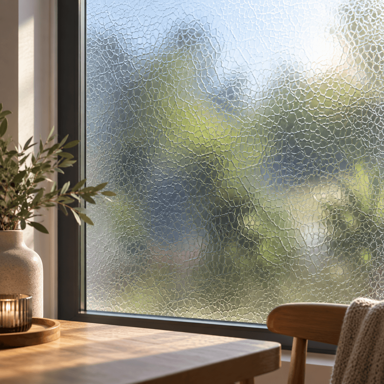 Film électrostatique effet verre brisé posé sur une fenêtre dans un intérieur lumineux
