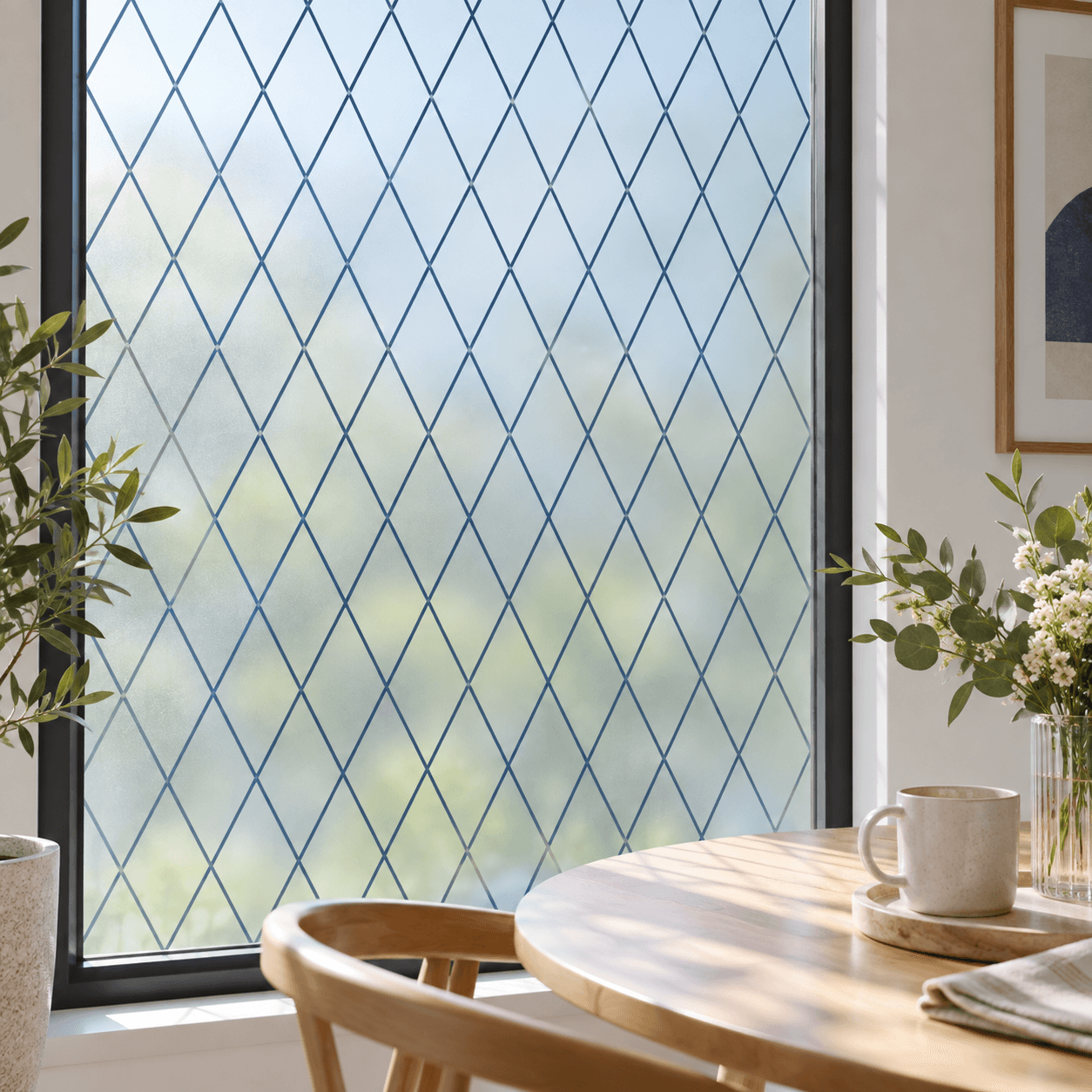 Film électrostatique décoratif effet vitrail posé sur une fenêtre dans un intérieur lumineux