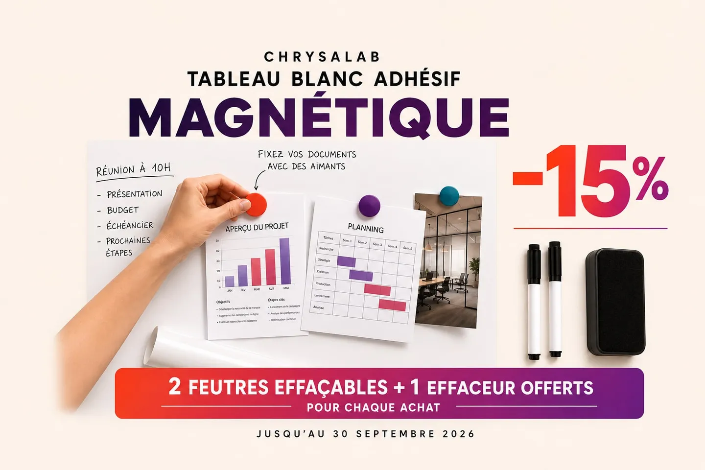 Une main fixe un document avec un aimant sur le tableau blanc adhésif magnétique. Offre −15 %, 2 feutres effaçables et 1 effaceur offerts jusqu’au 30 septembre 2026.