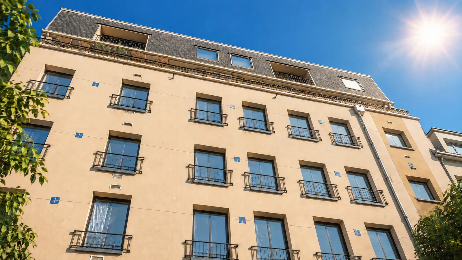 Façade d'immeuble en plein soleil, les fenêtres exposées laissent entrer la chaleur
