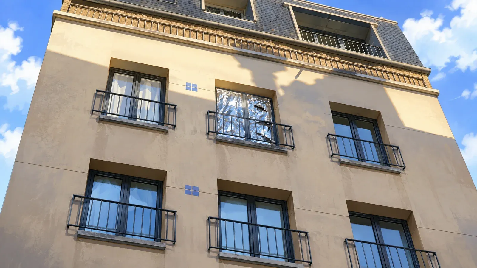 Fenêtre d'immeuble recouverte de papier aluminium sur une façade en plein soleil pendant une canicule