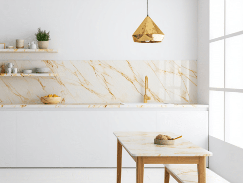 Film adhésif effet marbre blanc dans cuisine