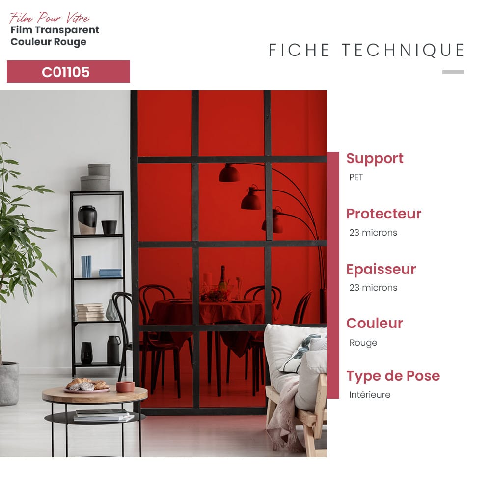 Film adhésif pour vitrage transparent couleur Rouge