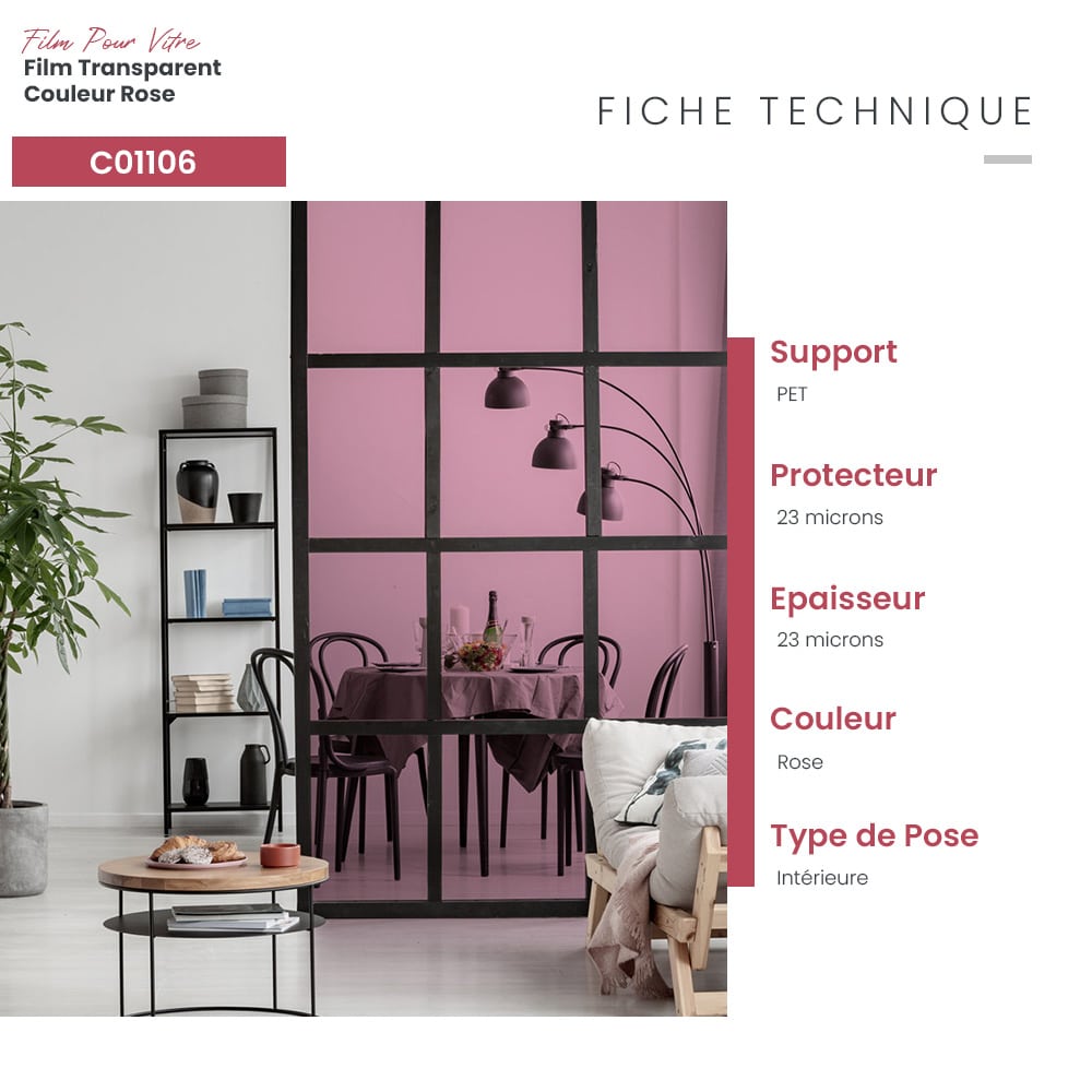 Film adhésif pour vitrage transparent couleur rose