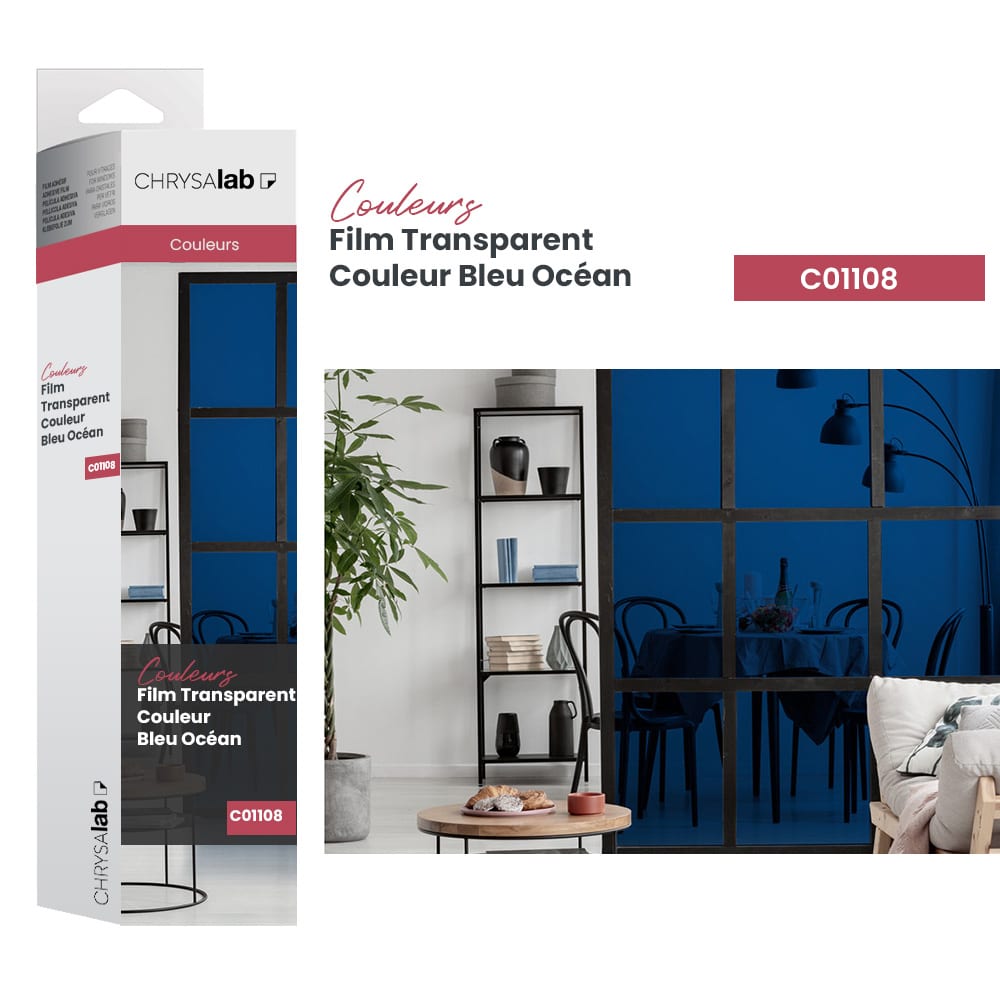 Film adhésif pour vitrage transparent couleur Bleu océan