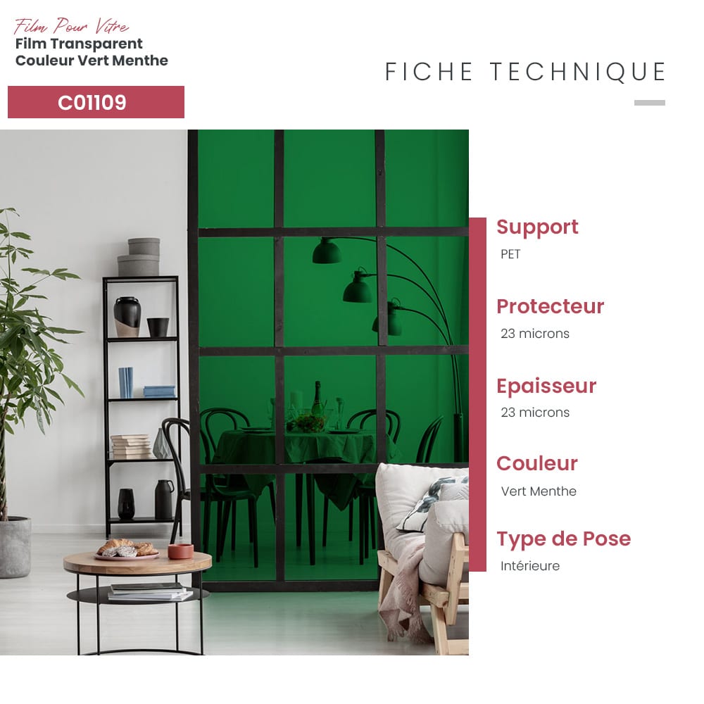Film adhésif pour vitrage transparent couleur vert menthe