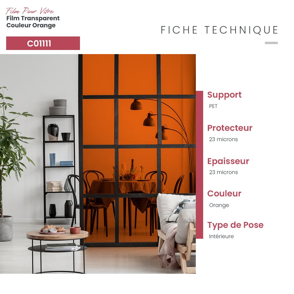 Film adhésif pour vitrage transparent couleur orange