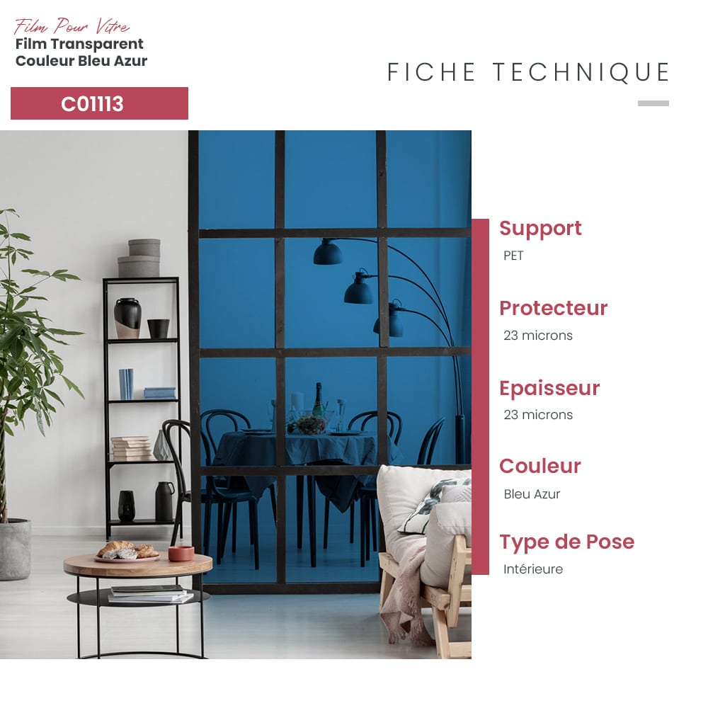 Film adhésif pour vitrage transparent couleur bleu azur