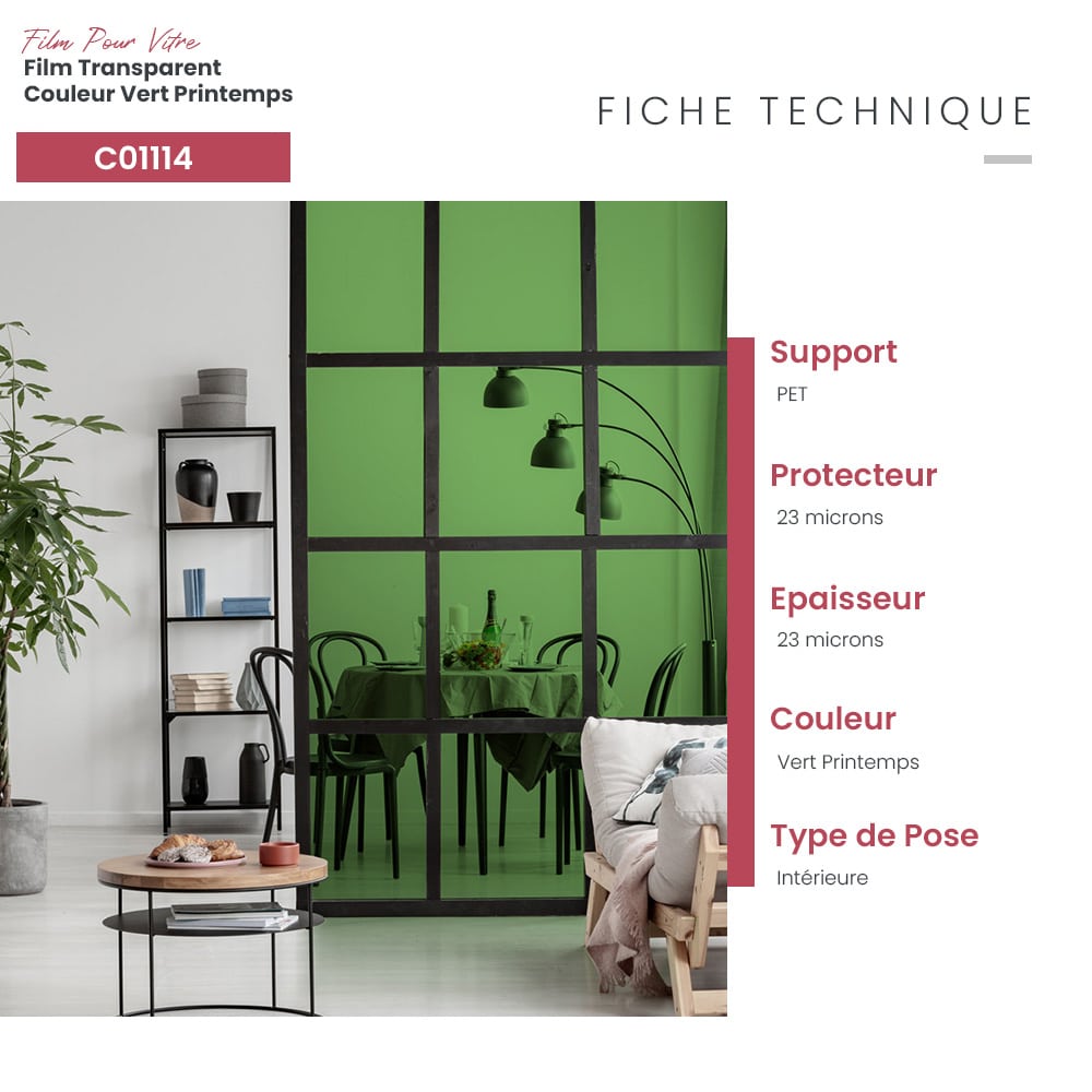 Film adhésif pour vitrage transparent couleur vert printemps