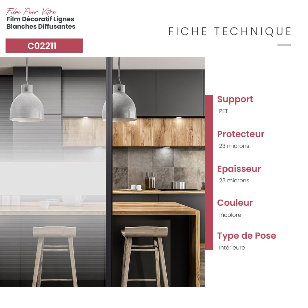 Film décoratif pour vitrage lignes blanches diffusantes