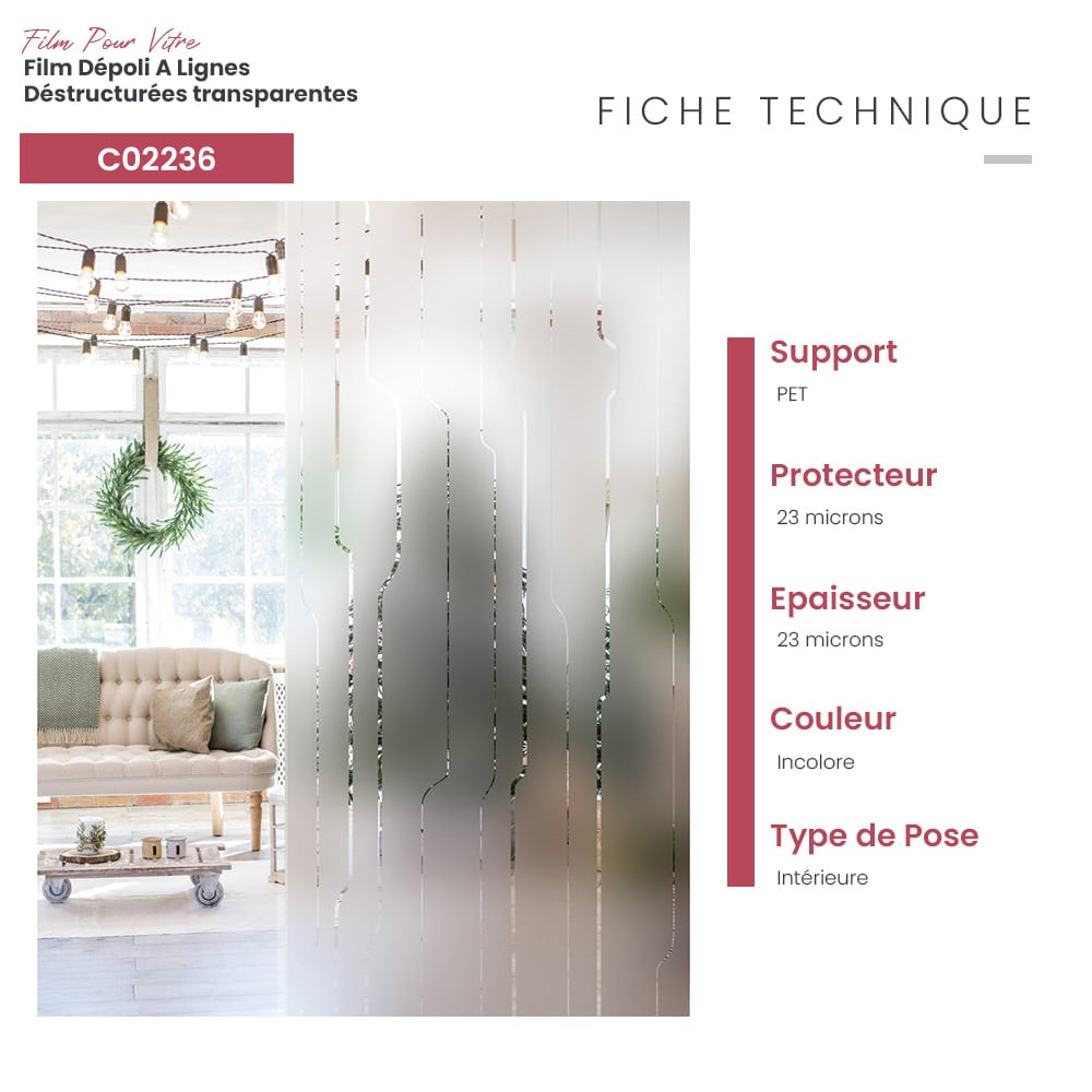 Film décoratif dépoli à lignes déstructurées transparentes