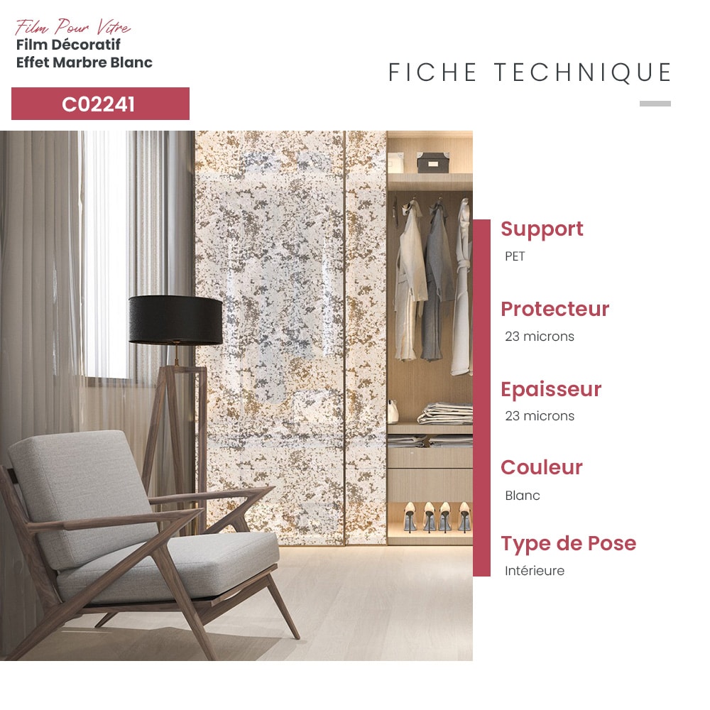 Film adhésif décoratif pour vitrage effet marbre blanc