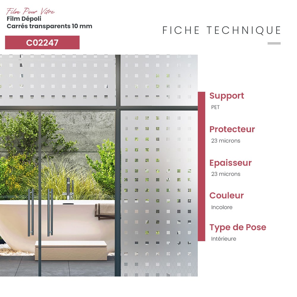 Film adhésif dépoli pour vitrage à carrés transparents effet fenêtre