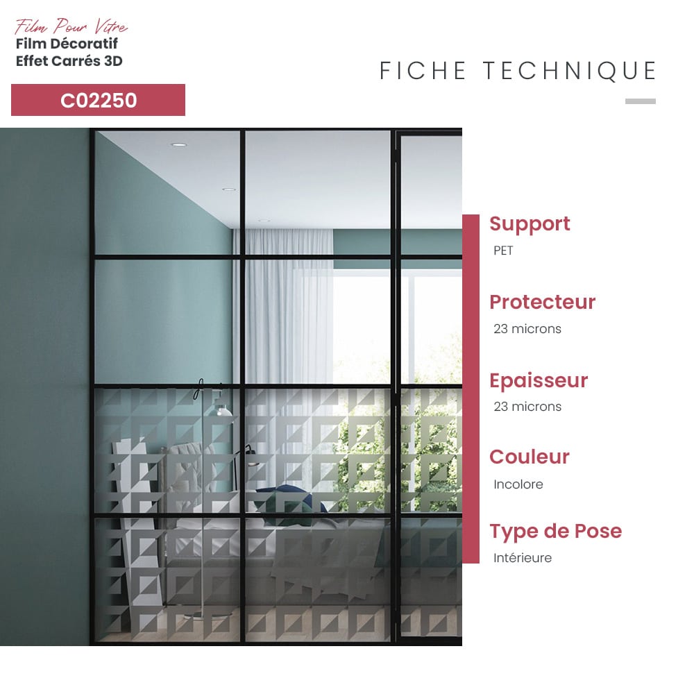Film adhésif décoratif pour vitrage effet carrés 3D