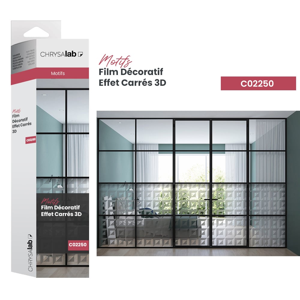 Film adhésif décoratif pour vitrage effet carrés 3D