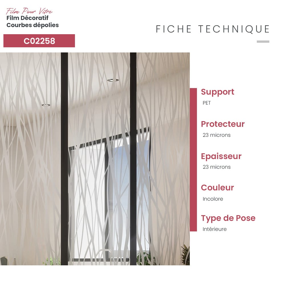 Film adhésif décoratif pour vitrage courbes dépolies